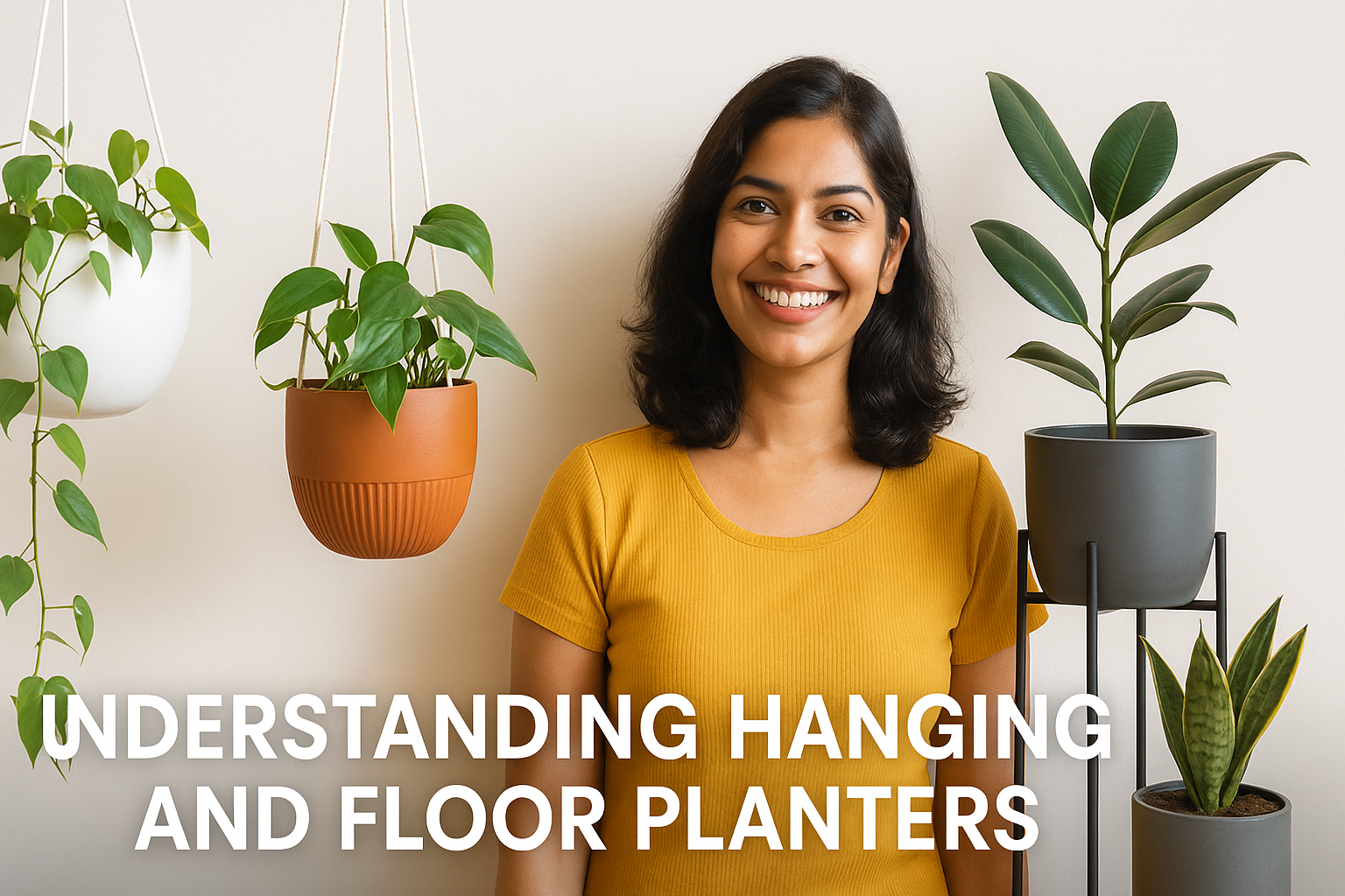 An Indian woman smiling between hanging and floor planters, visually explaining the difference for indoor gardening beginners